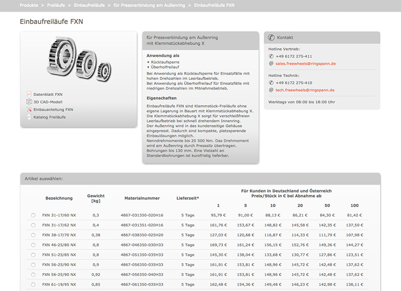 Blick in den neuen Freilauf-Webshop von RINGSPANN
